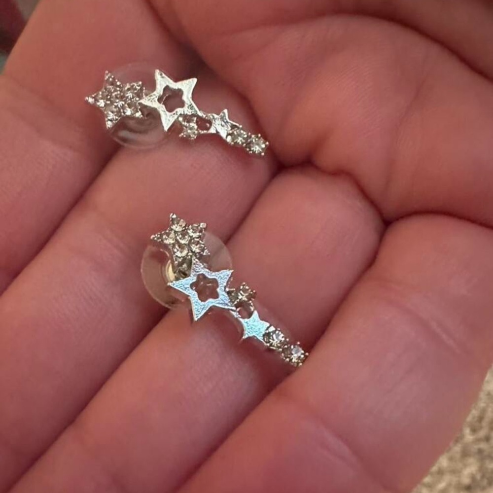 Silver Star shaped, Rhinestone Starburst Boho Celestial Earrings - Picture 5 of 7